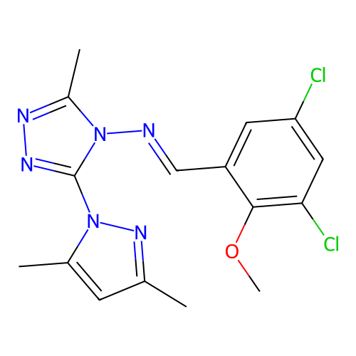 [N(E)]-N-[(3,5-Dichloro-2-methoxyphenyl)methylene]-3-(3,5-dimethyl-1H-pyrazol-1-yl)-5-methyl-4H-1,2,4-triazol-4-amine structure