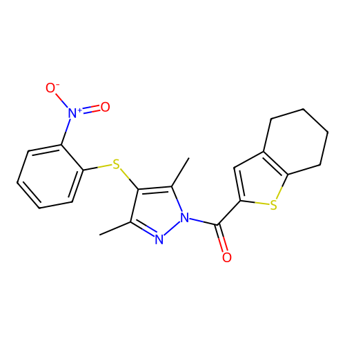 (3,5-dimethyl-4-((2-nitrophenyl)thio)-1H-pyrazol-1-yl)(4,5,6,7-tetrahydrobenzo[b]thiophen-2-yl)methanone structure
