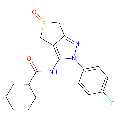 N-[2-(4-fluorophenyl)-5-oxo-4,6-dihydrothieno[3,4-c]pyrazol-3-yl]cyclohexanecarboxamide structure