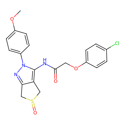 2-(4-chlorophenoxy)-N-(2-(4-methoxyphenyl)-5-oxido-4,6-dihydro-2H-thieno[3,4-c]pyrazol-3-yl)acetamide structure