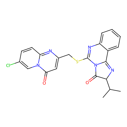 5-[({7-chloro-4-oxo-4H-pyrido[1,2-a]pyrimidin-2-yl}methyl)sulfanyl]-2-(propan-2-yl)-2H,3H-imidazo[1,2-c]quinazolin-3-one structure