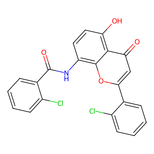 2-chloro-N-[2-(2-chlorophenyl)-5-hydroxy-4-oxochromen-8-yl]benzamide structure