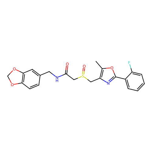 N-(Benzo[d][1,3]dioxol-5-ylmethyl)-2-(((2-(2-fluorophenyl)-5-methyloxazol-4-yl)methyl)sulfinyl)acetamide structure