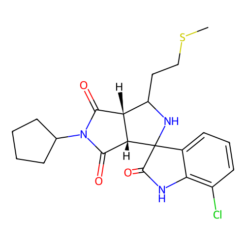 (3a'S,6a'R)-7-chloro-5'-cyclopentyl-3'-(2-(methylthio)ethyl)-3',3a'-dihydro-2'H-spiro[indoline-3,1'-pyrrolo[3,4-c]pyrrole]-2,4',6'(5'H,6a'H)-trione structure