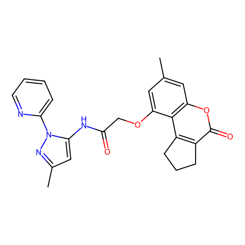 2-[(7-methyl-4-oxo-1,2,3,4-tetrahydrocyclopenta[c]chromen-9-yl)oxy]-N-[3-methyl-1-(pyridin-2-yl)-1H-pyrazol-5-yl]acetamide structure