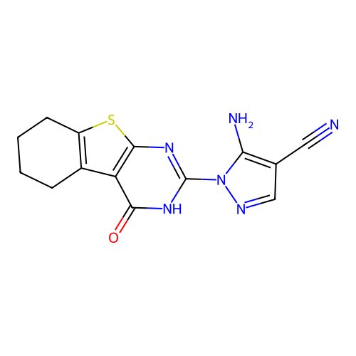 5-amino-1-(4-oxo-3,4,5,6,7,8-hexahydrobenzo[4,5]thieno[2,3-d]pyrimidin-2-yl)-1H-pyrazole-4-carbonitrile structure