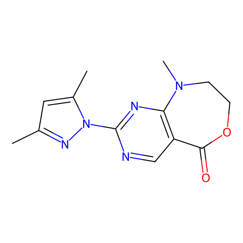 2-(3,5-dimethyl-1H-pyrazol-1-yl)-9-methyl-8,9-dihydropyrimido[4,5-e][1,4]oxazepin-5(7H)-one structure