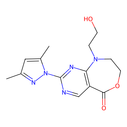 2-(3,5-dimethyl-1H-pyrazol-1-yl)-9-(2-hydroxyethyl)-8,9-dihydropyrimido[4,5-e][1,4]oxazepin-5(7H)-one structure