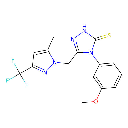 4-(3-methoxyphenyl)-5-{[5-methyl-3-(trifluoromethyl)-1H-pyrazol-1-yl]methyl}-4H-1,2,4-triazol-3-yl hydrosulfide structure