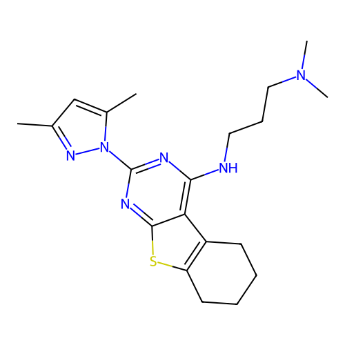 N'-[2-(3,5-Dimethyl-pyrazol-1-yl)-5,6,7,8-tetrahydro-benzo[4,5]thieno[2,3-d]pyrimidin-4-yl]-N,N-dimethyl- propane-1,3-diamine structure