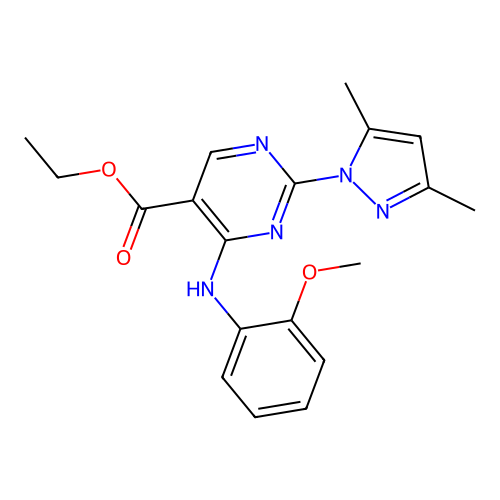 ethyl 2-(3,5-dimethyl-1H-pyrazol-1-yl)-4-((2-methoxyphenyl)amino)pyrimidine-5-carboxylate structure