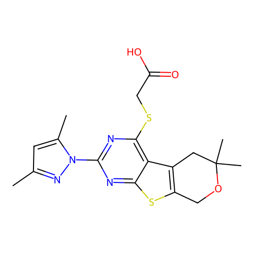 [2-(3,5-Dimethyl-pyrazol-1-yl)-6,6-dimethyl-5,8-dihydro-6H-pyrano[4',3':4,5]thieno[2,3-d]pyrimidin-4-ylsu lfanyl]-acetic acid structure