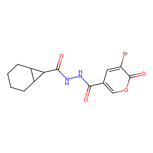 N'-(bicyclo[4.1.0]heptane-7-carbonyl)-5-bromo-6-oxopyran-3-carbohydrazide structure