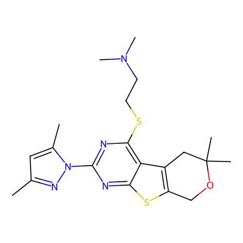 {2-[2-(3,5-Dimethyl-pyrazol-1-yl)-6,6-dimethyl-5,8-dihydro-6H-pyrano[4',3':4,5]thieno[2,3-d]pyrimidin-4-y lsulfanyl]-ethyl}-dimethyl-amine structure
