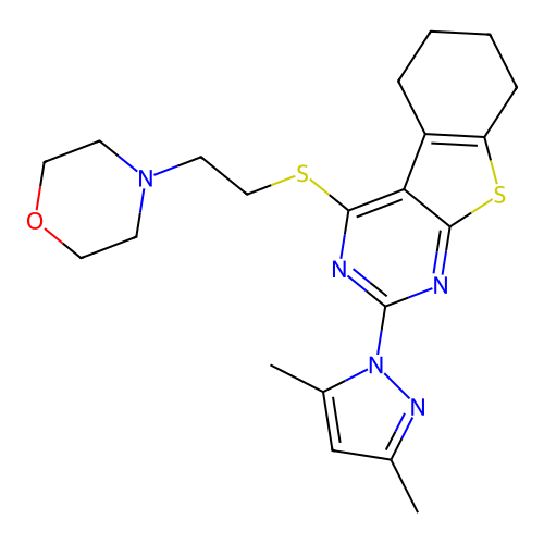 2-(3,5-dimethyl-1H-pyrazol-1-yl)-4-{[2-(morpholin-4-yl)ethyl]sulfanyl}-5,6,7,8-tetrahydro[1]benzothieno[2,3-d]pyrimidine structure