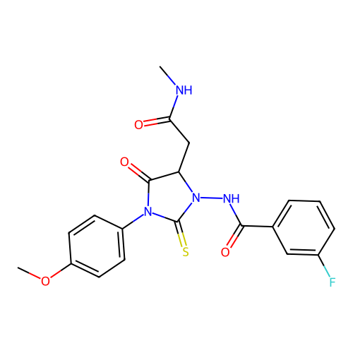 3-fluoro-N-{3-(4-methoxyphenyl)-5-[2-(methylamino)-2-oxoethyl]-4-oxo-2-thioxoimidazolidin-1-yl}benzamide structure