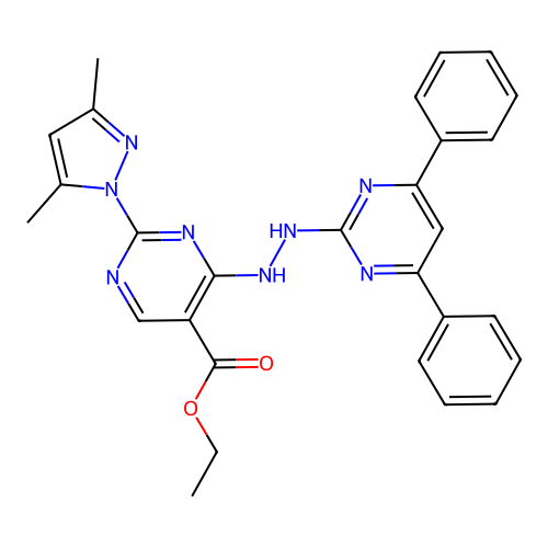 2-(3,5-Dimethyl-pyrazol-1-yl)-4-[N'-(4,6-diphenyl-pyrimidin-2-yl)-hydrazino]-pyrimidine-5-carboxylic acid ethyl ester structure