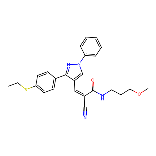 (2Z)-2-cyano-3-{3-[4-(ethylsulfanyl)phenyl]-1-phenyl-1H-pyrazol-4-yl}-N-(3-methoxypropyl)prop-2-enamide structure