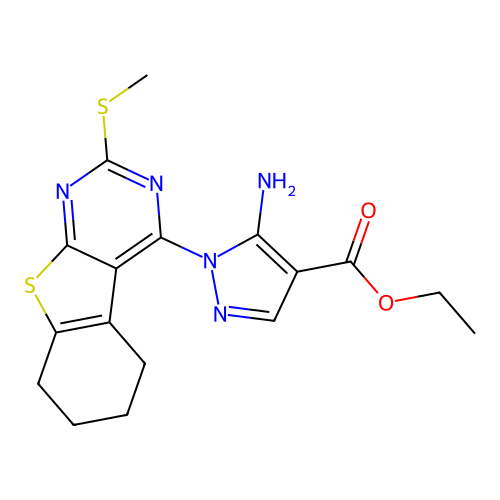 5-Amino-1-(2-methylsulfanyl-5,6,7,8-tetrahydro-benzo[4,5]thieno[2,3-d]pyrimidin-4-yl)-1H-pyrazole-4-ca rboxylic acid ethyl ester structure