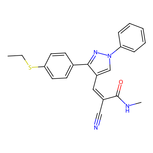 (Z)-2-cyano-3-(3-(4-(ethylthio)phenyl)-1-phenyl-1H-pyrazol-4-yl)-N-methylacrylamide structure