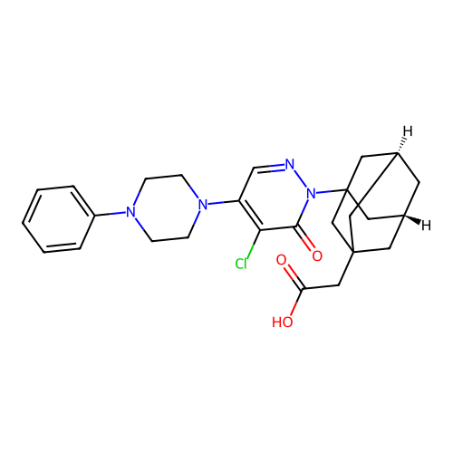 {(5R,7S)-3-[5-Chloro-6-oxo-4-(4-phenyl-piperazin-1-yl)-6H-pyridazin-1-yl]-adamantan-1-yl}-acetic acid structure