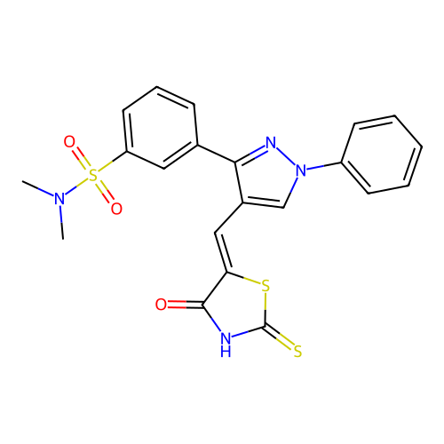 (Z)-N,N-dimethyl-3-(4-((4-oxo-2-thioxothiazolidin-5-ylidene)methyl)-1-phenyl-1H-pyrazol-3-yl)benzenesulfonamide structure