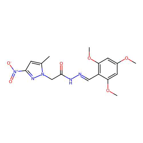2-(5-methyl-3-nitropyrazol-1-yl)-N-[(E)-(2,4,6-trimethoxyphenyl)methylideneamino]acetamide structure