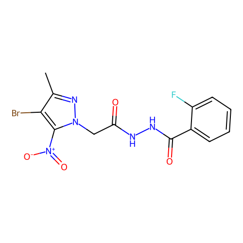 N'-[(4-bromo-3-methyl-5-nitro-1H-pyrazol-1-yl)acetyl]-2-fluorobenzohydrazide structure
