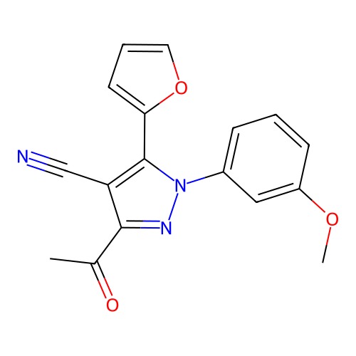 3-acetyl-5-(2-furyl)-1-(3-methoxyphenyl)-1H-pyrazole-4-carbonitrile structure