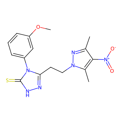 3-[2-(3,5-dimethyl-4-nitropyrazol-1-yl)ethyl]-4-(3-methoxyphenyl)-1H-1,2,4-triazole-5-thione structure