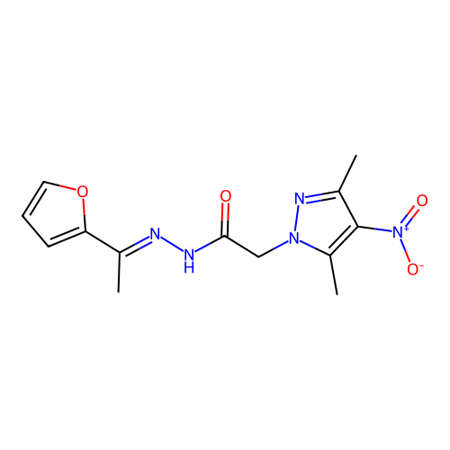 2-(3,5-dimethyl-4-nitropyrazol-1-yl)-N-[(E)-1-(furan-2-yl)ethylideneamino]acetamide structure