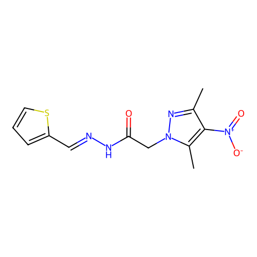 2-(3,5-dimethyl-4-nitropyrazol-1-yl)-N-[(E)-thiophen-2-ylmethylideneamino]acetamide structure