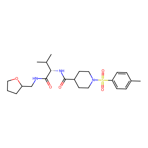 N-((2S)-3-methyl-1-oxo-1-(((tetrahydrofuran-2-yl)methyl)amino)butan-2-yl)-1-tosylpiperidine-4-carboxamide structure