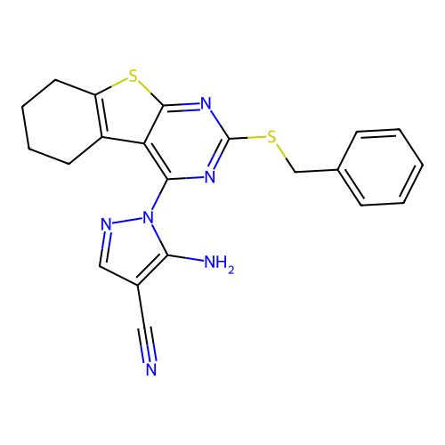 5-amino-1-(2-(benzylthio)-5,6,7,8-tetrahydrobenzo[4,5]thieno[2,3-d]pyrimidin-4-yl)-1H-pyrazole-4-carbonitrile structure