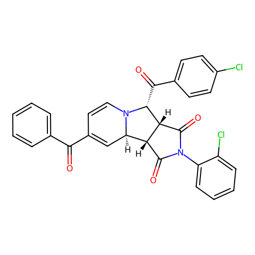 (3aR,4S,9aR,9bS)-2-(2-chlorophenyl)-4-[(4-chlorophenyl)carbonyl]-8-(phenylcarbonyl)-3a,4,9a,9b-tetrahydro-1H-pyrrolo[3,4-a]indolizine-1,3(2H)-dione structure
