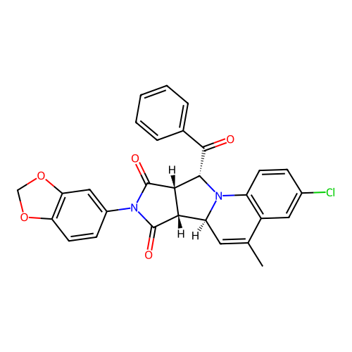 (6aS,6bR,9aS,10R)-8-(1,3-benzodioxol-5-yl)-3-chloro-5-methyl-10-(phenylcarbonyl)-9a,10-dihydro-6aH-pyrrolo[3',4':3,4]pyrrolo[1,2-a]quinoline-7,9(6bH,8H)-dione structure
