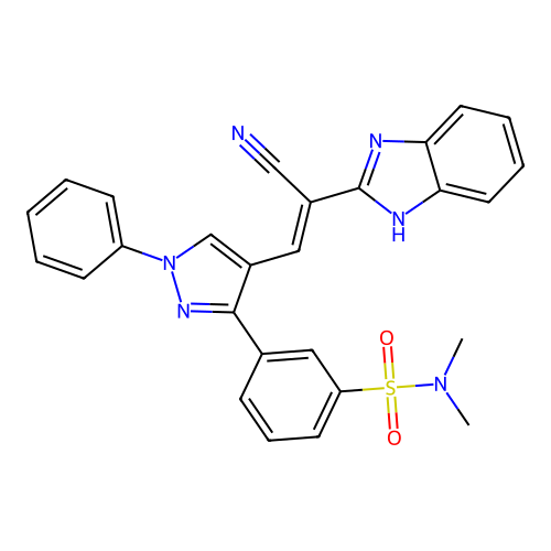 3-[4-[(E)-2-(1H-benzimidazol-2-yl)-2-cyanoethenyl]-1-phenylpyrazol-3-yl]-N,N-dimethylbenzenesulfonamide structure