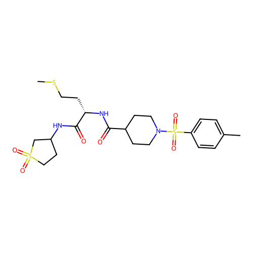 1-(Toluene-4-sulfonyl)-piperidine-4-carboxylic acid  [(S)-1-(1,1-dioxo-tetrahydro-1lambda*6*-thiophen-3-ylcarbamoyl)-3-methylsulfanyl-propyl]-amide structure