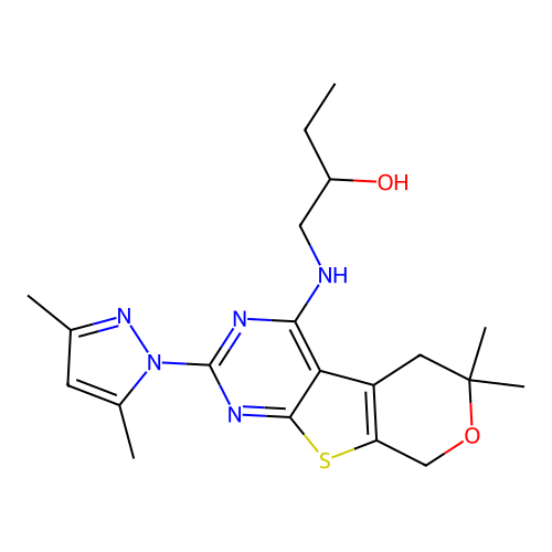1-((2-(3,5-dimethyl-1H-pyrazol-1-yl)-6,6-dimethyl-6,8-dihydro-5H-pyrano[4',3':4,5]thieno[2,3-d]pyrimidin-4-yl)amino)butan-2-ol structure