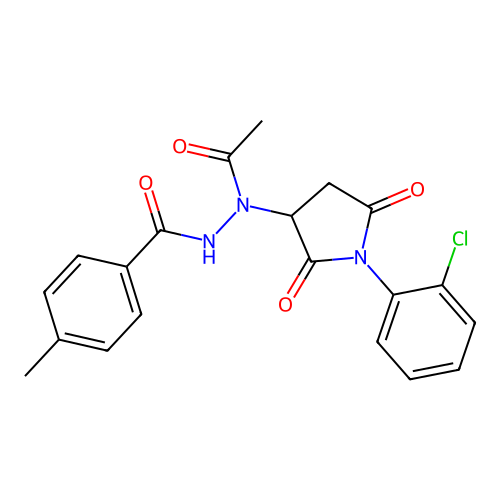 N'-acetyl-N'-[1-(2-chlorophenyl)-2,5-dioxopyrrolidin-3-yl]-4-methylbenzohydrazide structure