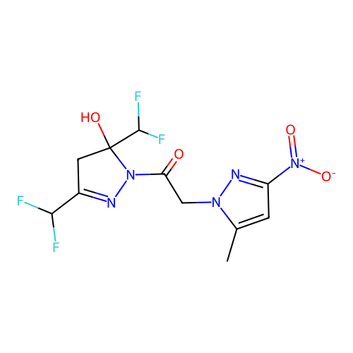 1-[3,5-bis(difluoromethyl)-5-hydroxy-4H-pyrazol-1-yl]-2-(5-methyl-3-nitropyrazol-1-yl)ethanone structure