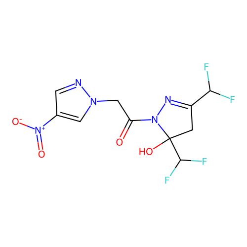 1-[3,5-bis(difluoromethyl)-5-hydroxy-4H-pyrazol-1-yl]-2-(4-nitropyrazol-1-yl)ethanone structure