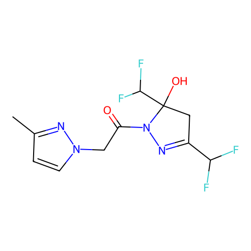 1-[3,5-bis(difluoromethyl)-5-hydroxy-4H-pyrazol-1-yl]-2-(3-methylpyrazol-1-yl)ethanone structure