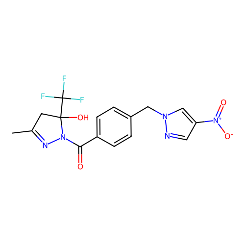 [5-hydroxy-3-methyl-5-(trifluoromethyl)-4,5-dihydro-1H-pyrazol-1-yl]{4-[(4-nitro-1H-pyrazol-1-yl)methyl]phenyl}methanone structure