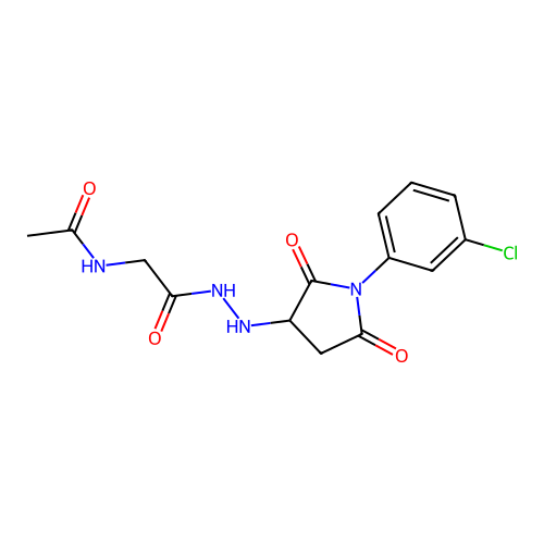 N-(2-{2-[1-(3-chlorophenyl)-2,5-dioxopyrrolidin-3-yl]hydrazinyl}-2-oxoethyl)acetamide (non-preferred name) structure