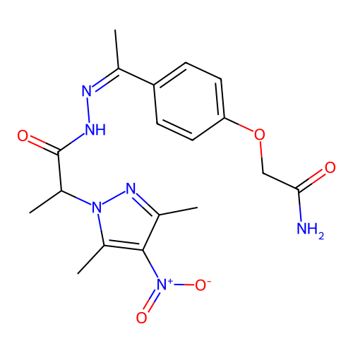 (Z)-2-(4-(1-(2-(2-(3,5-dimethyl-4-nitro-1H-pyrazol-1-yl)propanoyl)hydrazono)ethyl)phenoxy)acetamide structure
