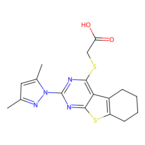 2-[[2-(3,5-dimethylpyrazol-1-yl)-5,6,7,8-tetrahydro-[1]benzothiolo[2,3-d]pyrimidin-4-yl]sulfanyl]acetic acid structure