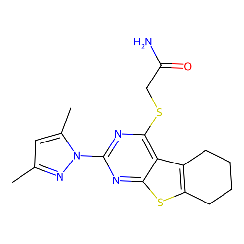 2-((2-(3,5-dimethyl-1H-pyrazol-1-yl)-5,6,7,8-tetrahydrobenzo[4,5]thieno[2,3-d]pyrimidin-4-yl)thio)acetamide structure