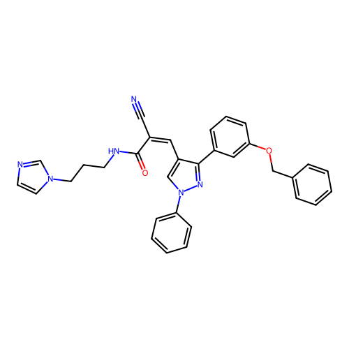 (Z)-3-[3-(3-Benzyloxy-phenyl)-1-phenyl-1H-pyrazol-4-yl]-2-cyano-N-(3-imidazol-1-yl-propyl)-acrylamide structure