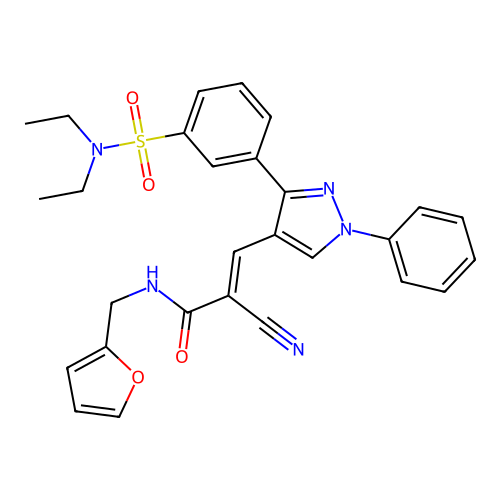 (2E)-2-cyano-3-{3-[3-(diethylsulfamoyl)phenyl]-1-phenyl-1H-pyrazol-4-yl}-N-(furan-2-ylmethyl)prop-2-enamide structure